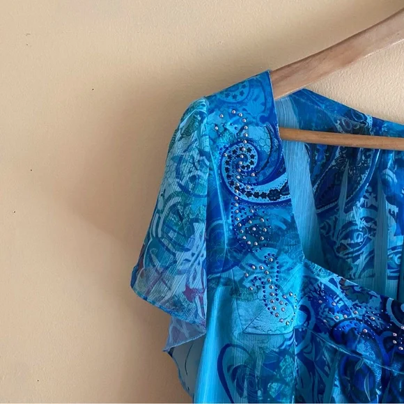 Y2K DressBarn Blue Abstract Paisley Blouse Smocked Hem Flutter Sleeve - Picture 4 of 14